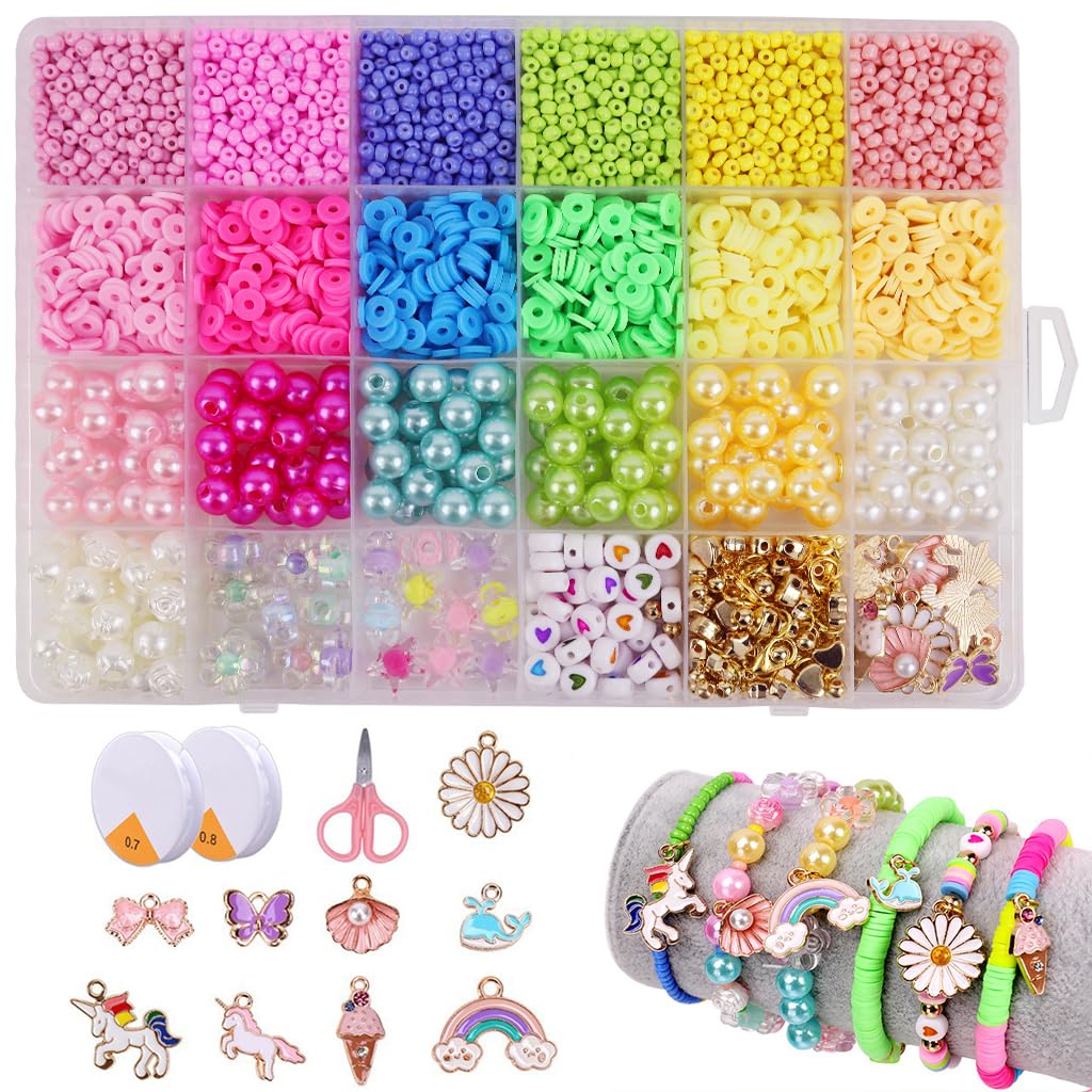 SANNIDHI Seed Beads Clay Beads for Bracelet Making, Colorful Pearls Beads for Jewellery Making, DIY Polymer Beads Set Kit Girls Craft Beads for Kids Activity with Charms, Scissors & 2 Crystal Lines SANNIDHI Seed Beads Clay Beads for Bracelet Making, Colorful Pearls Beads for Jewellery Making, DIY Polymer Beads Set Kit Girls Craft Beads for Kids Activity with Charms, Scissors & 2 Crystal Lines